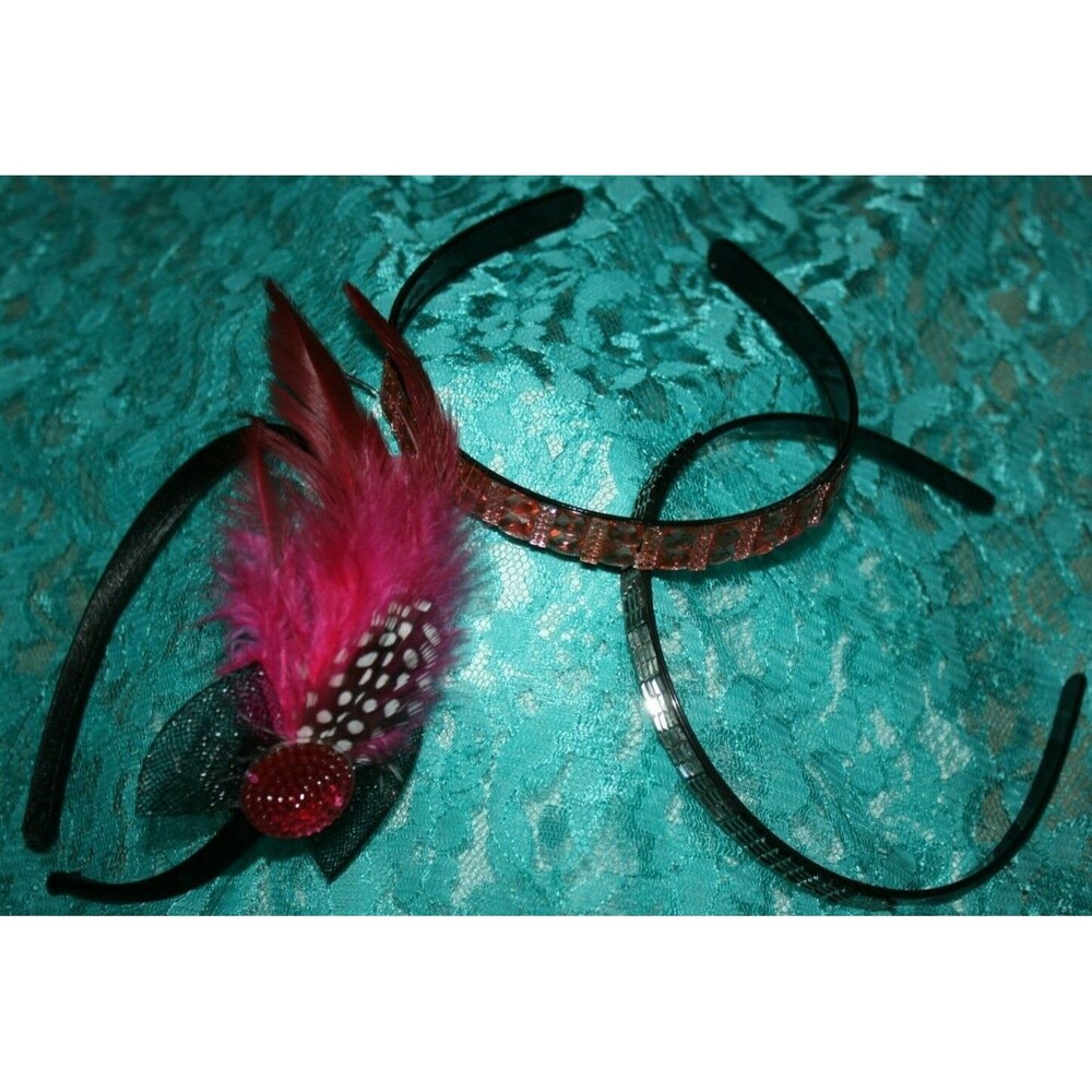 SET OF THREE GIRLS WOMEN LADIES HEADBANDS HOT PINK FEATHERS RHINESTONES NEW